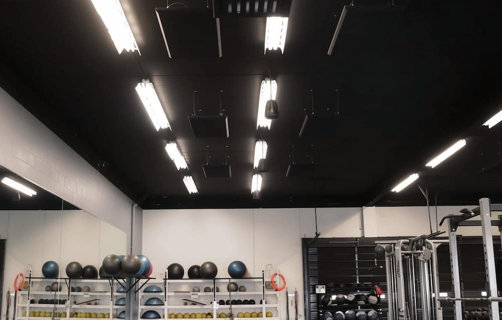 Indoor training area with ceiling acoustic treatment and exercise equipment
