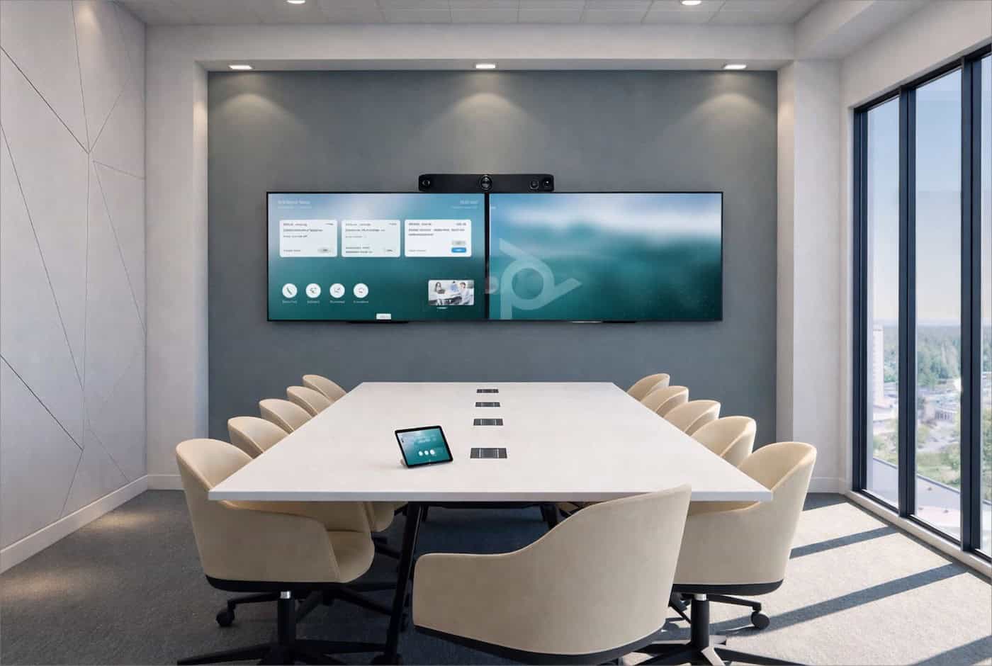 Workplace meeting room with dual displays, table connections and a touch controller